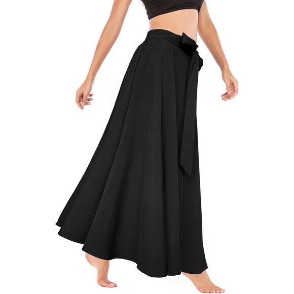 Chic Plus Size High Waist A-Line Maxi Skirt with Functional Pockets & Tie Front - Picture 3 of 5